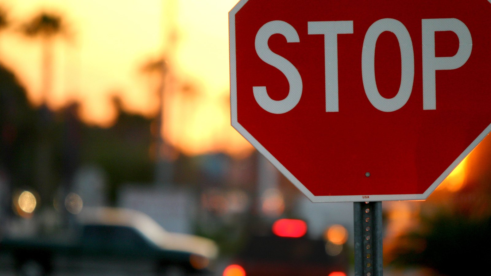 A red octagonal STOP sign fills the right of the frame in close focus at dusk, with palm trees and the blurred red brake lights of stopped vehicles behind it and no person, number plate, place name, agency marking or legible business sign anywhere in the shot. A generic illustration of traffic brought to a halt on a Florida road, not a photograph of this event.