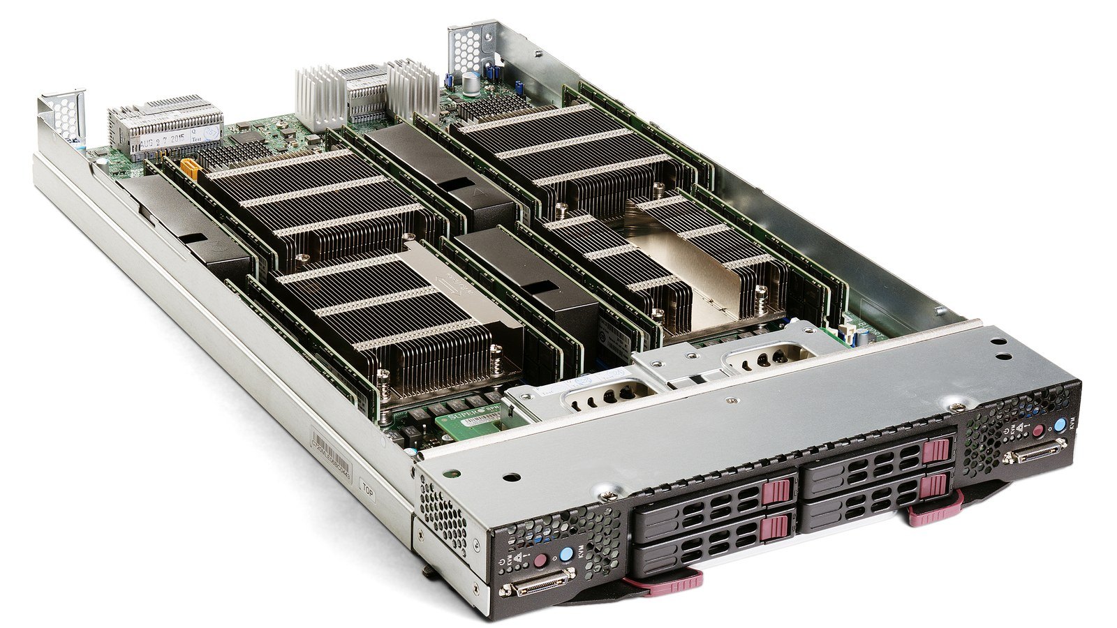 A Supermicro SBI-7228R-T2X blade server photographed on a white background with its cover off, showing two server nodes with rows of aluminium heat sinks and memory modules, and four drive bays with red release tabs on the front panel.