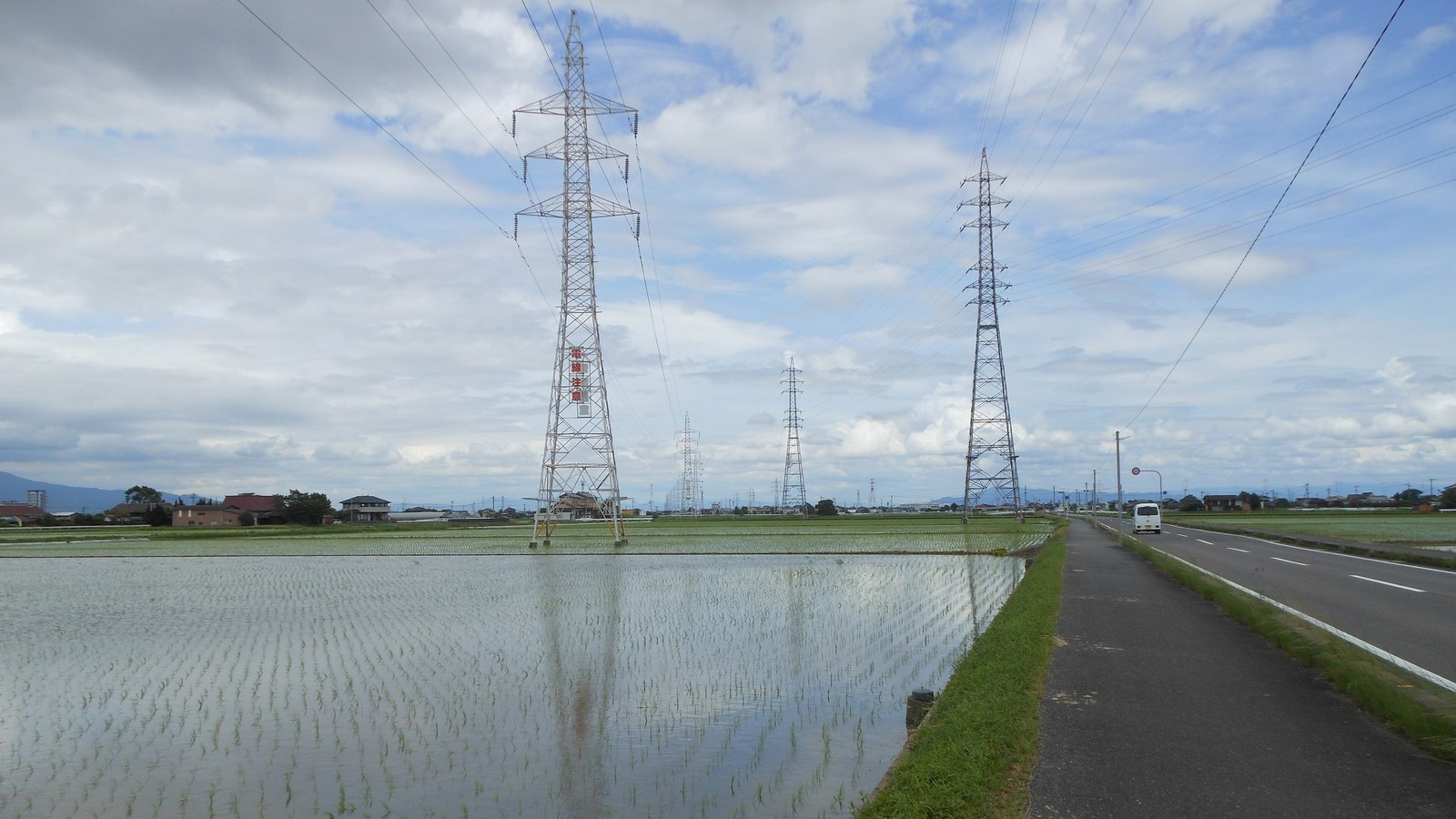 Two lattice steel transmission towers carrying high voltage lines stand in a flooded rice paddy under a cloudy sky, with further towers receding towards the horizon. A road runs along the right of the frame past low houses and the still water reflects the rows of young rice and the nearest tower. No people, brand marks or legible text are in view.