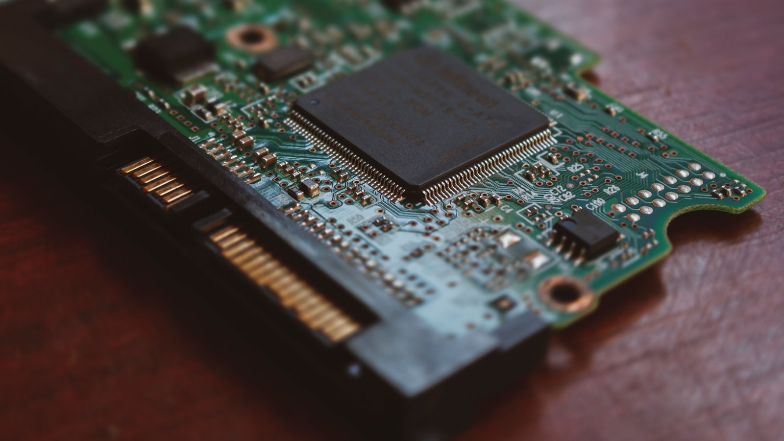 A photograph illustrating circuit board traces macro.