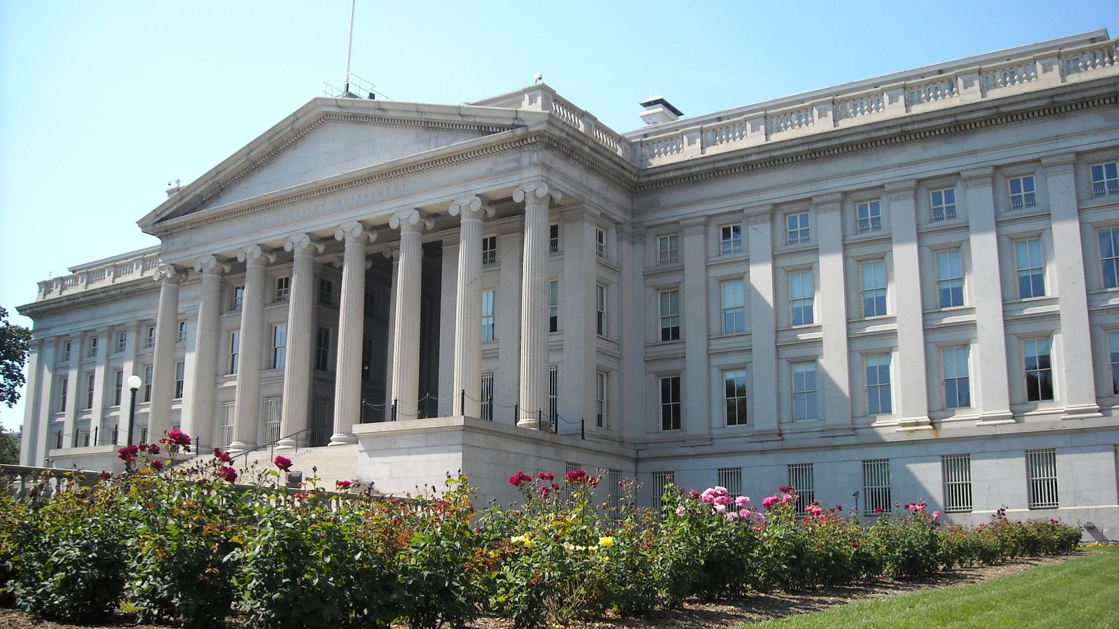 The United States Treasury Building in Washington, seen from the south lawn.