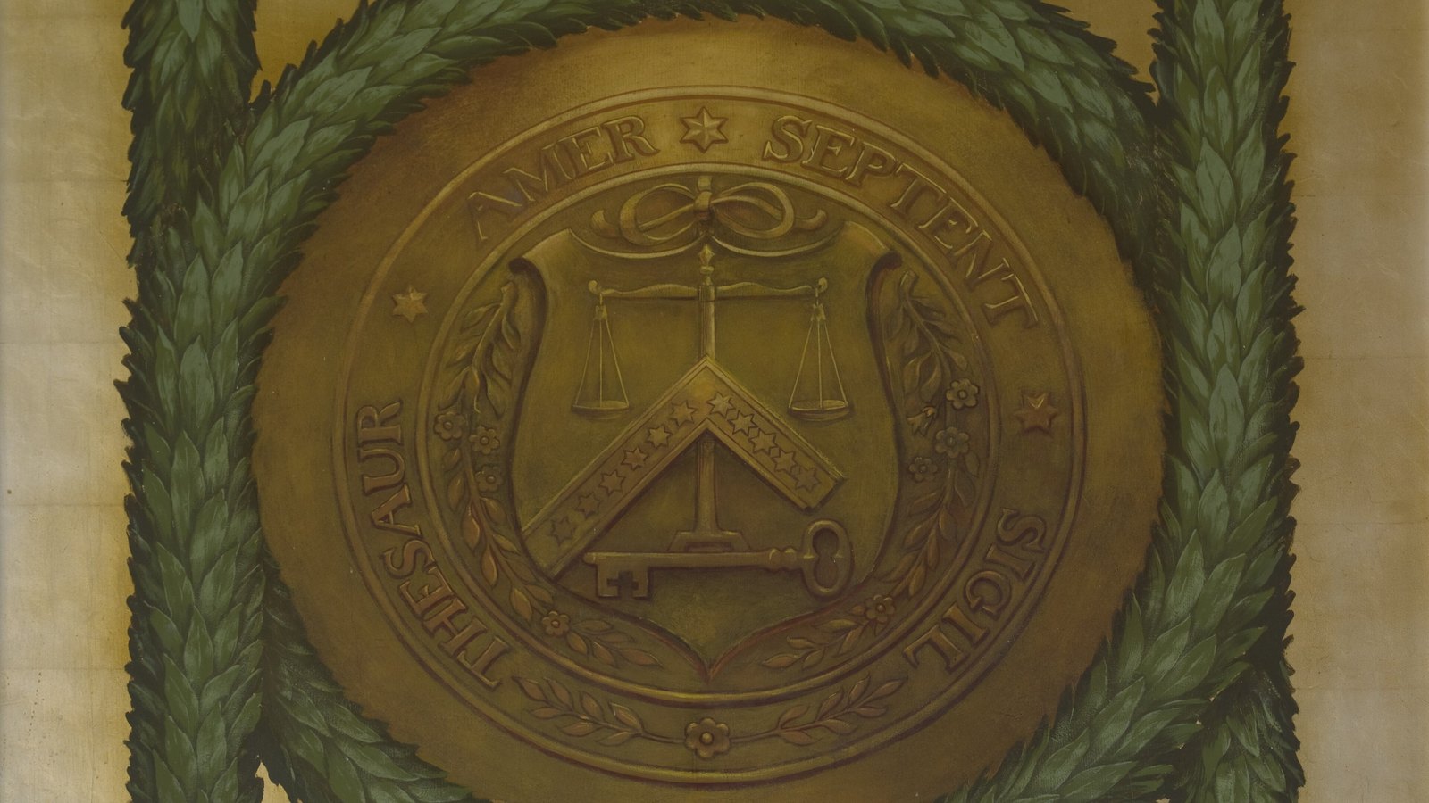 A painted United States Treasury Department seal fills a mural inside the Library of Congress Thomas Jefferson Building.