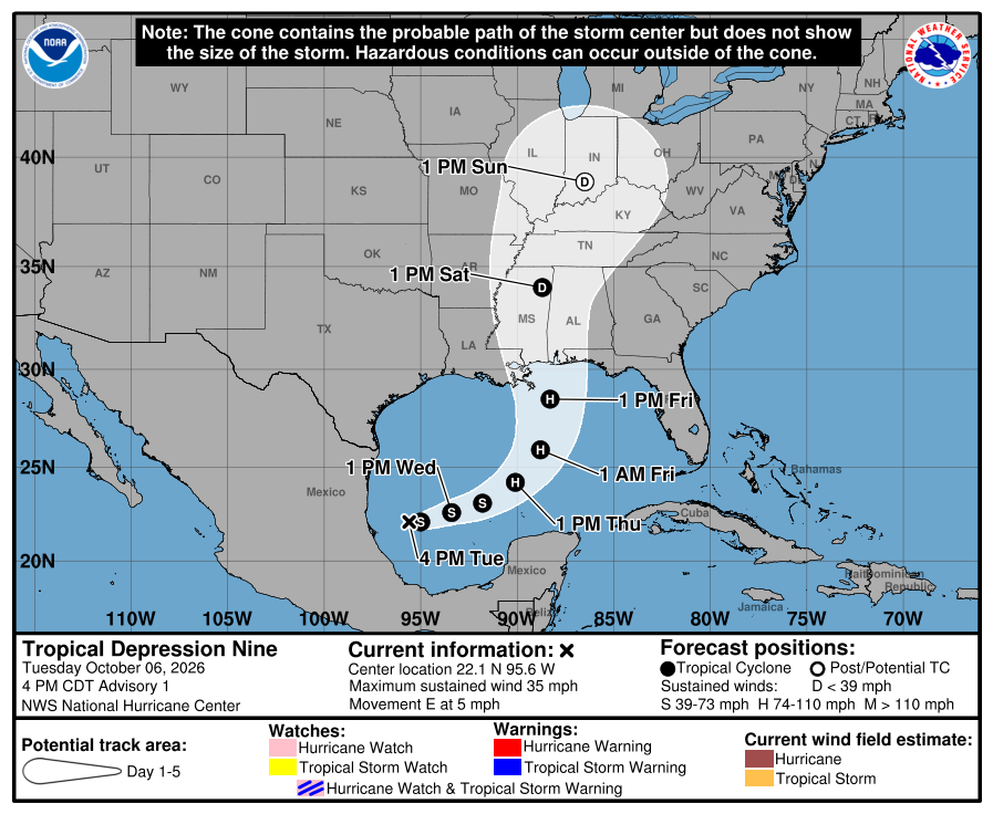 National Hurricane Center Advisory 1 forecast cone for Tropical Depression Nine, showing the center moving east and northeast from the southwestern Gulf and forecast to become a hurricane before approaching the northern Gulf Coast on Friday.