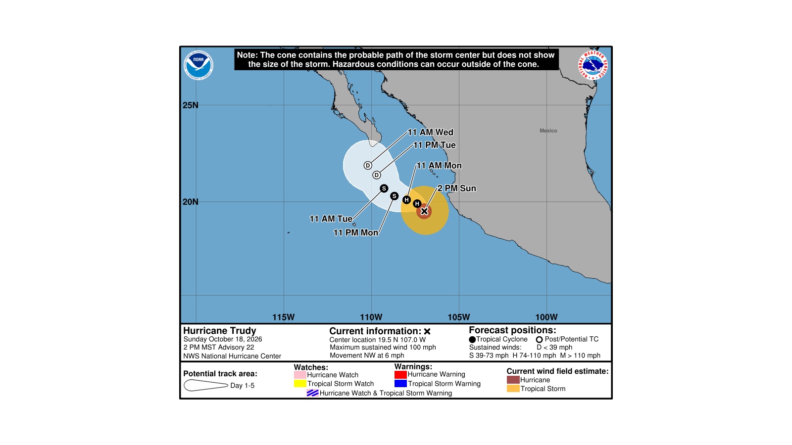 NHC Advisory 22 forecast map showing Hurricane Trudy west of Mexico with no coastal watches or warnings marked.