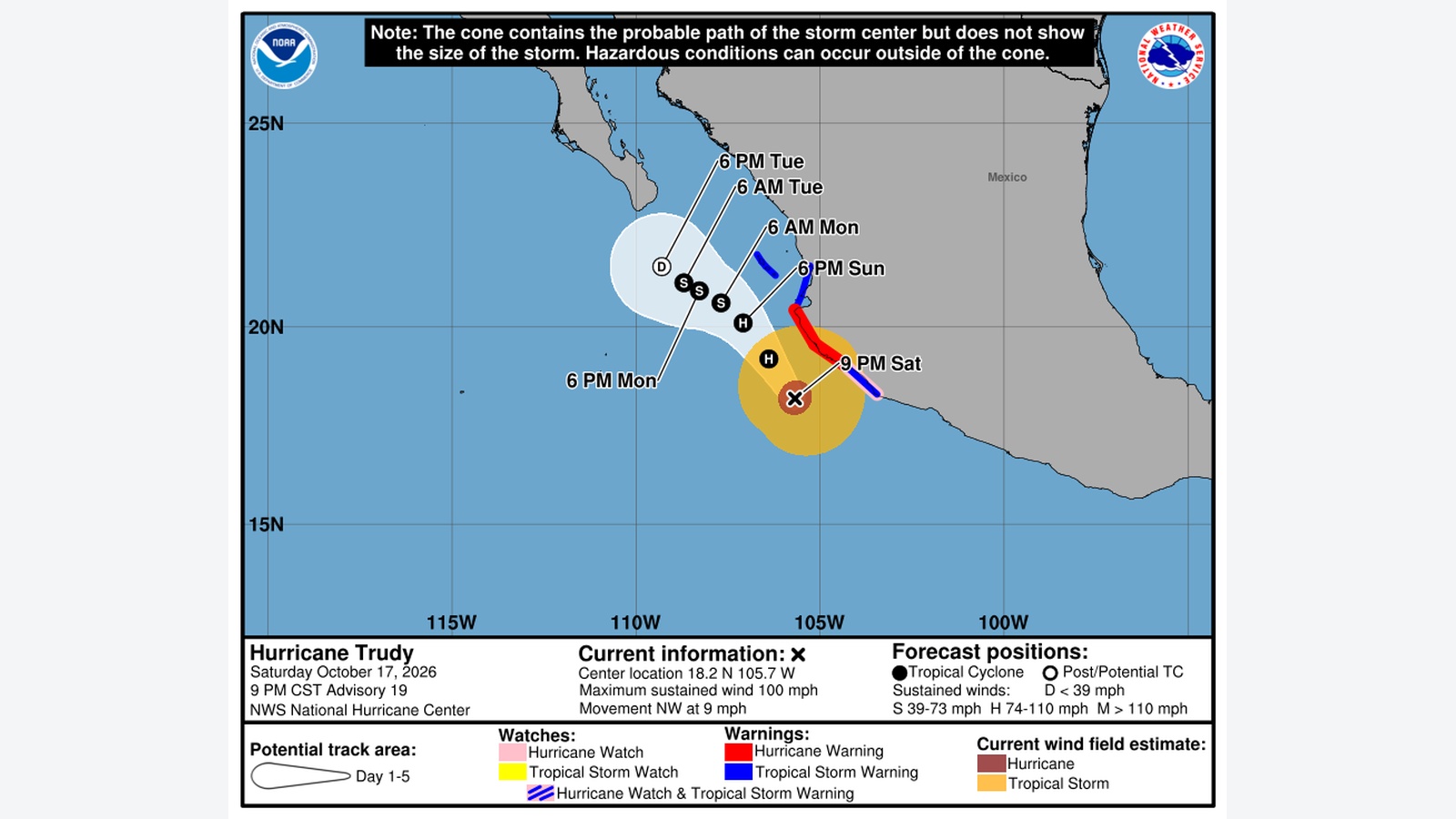 National Hurricane Center forecast map for Trudy Advisory 19, showing the storm off western Mexico and coastal hurricane warnings.
