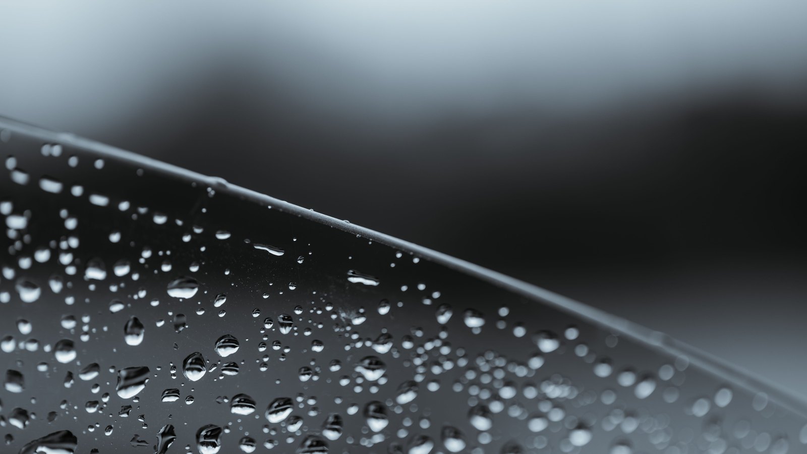 Rainwater beaded across a dark angled surface against a grey overcast background.