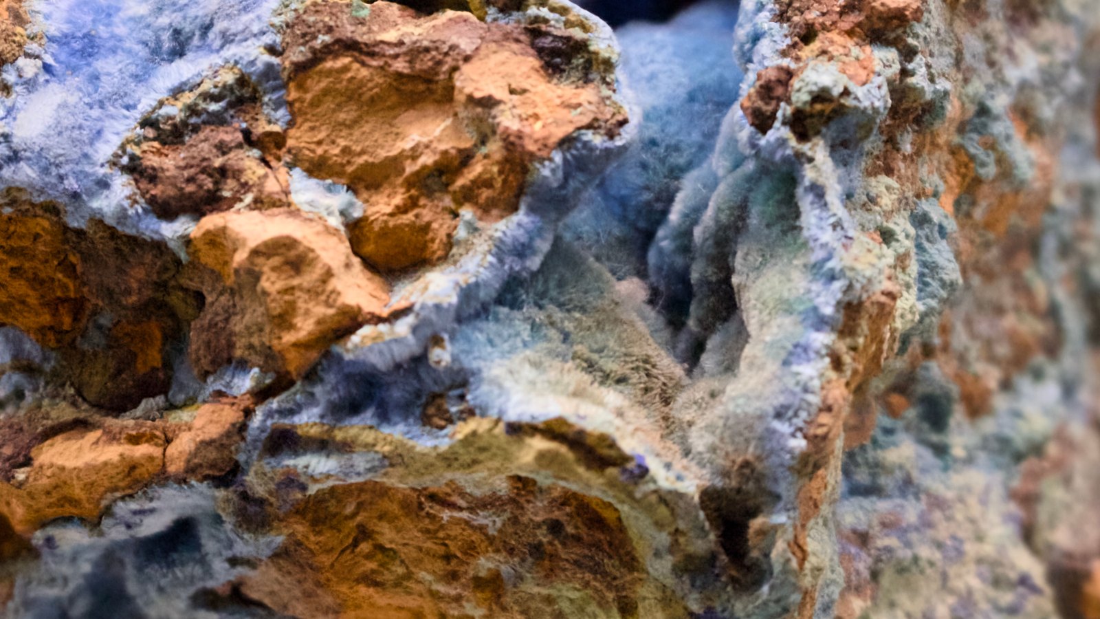 A close photograph of a broken rock face filling the frame, rusty ochre and brown mineral showing through crusts of pale blue and green copper mineral, with no tool, hand, marking or lettering in the picture.