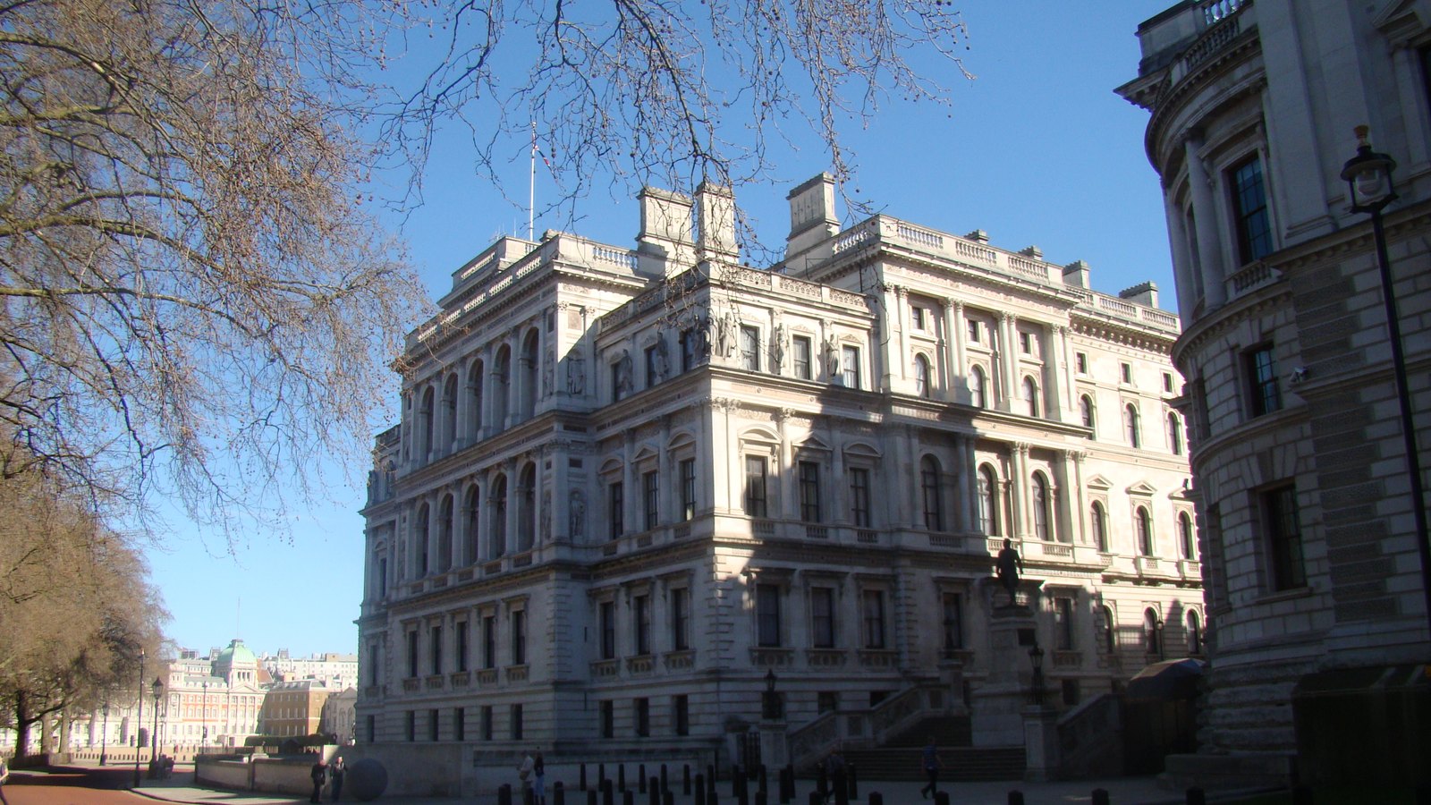 The HM Treasury building viewed from Horse Guards Road in London.