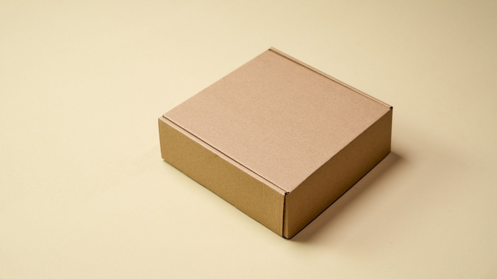 A plain unmarked kraft cardboard mailer box, closed, photographed at an angle on a smooth cream background, with no label, printing, tape or writing anywhere on it.
