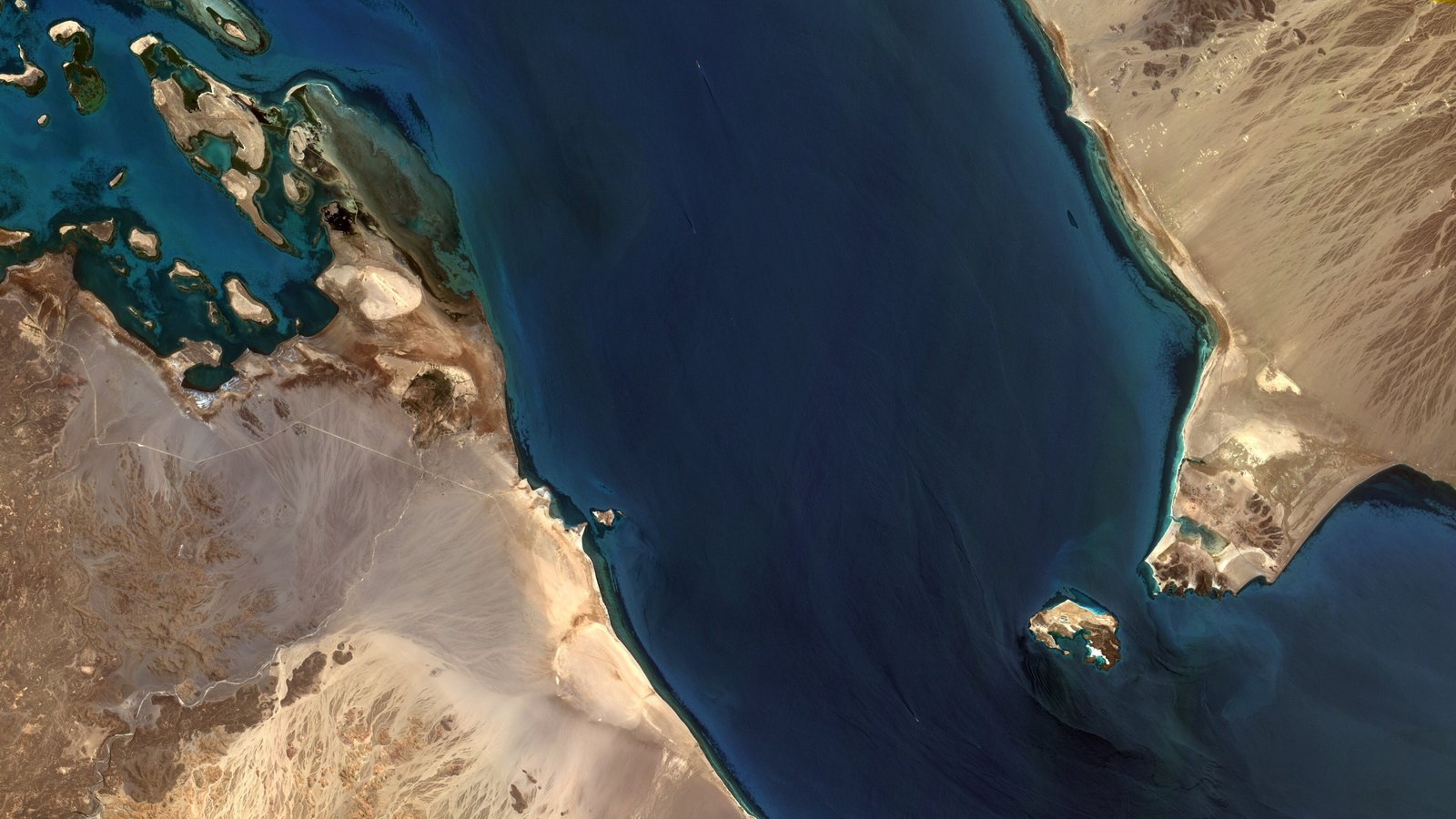 A satellite view of the Bab el-Mandeb strait between Yemen and the Horn of Africa.