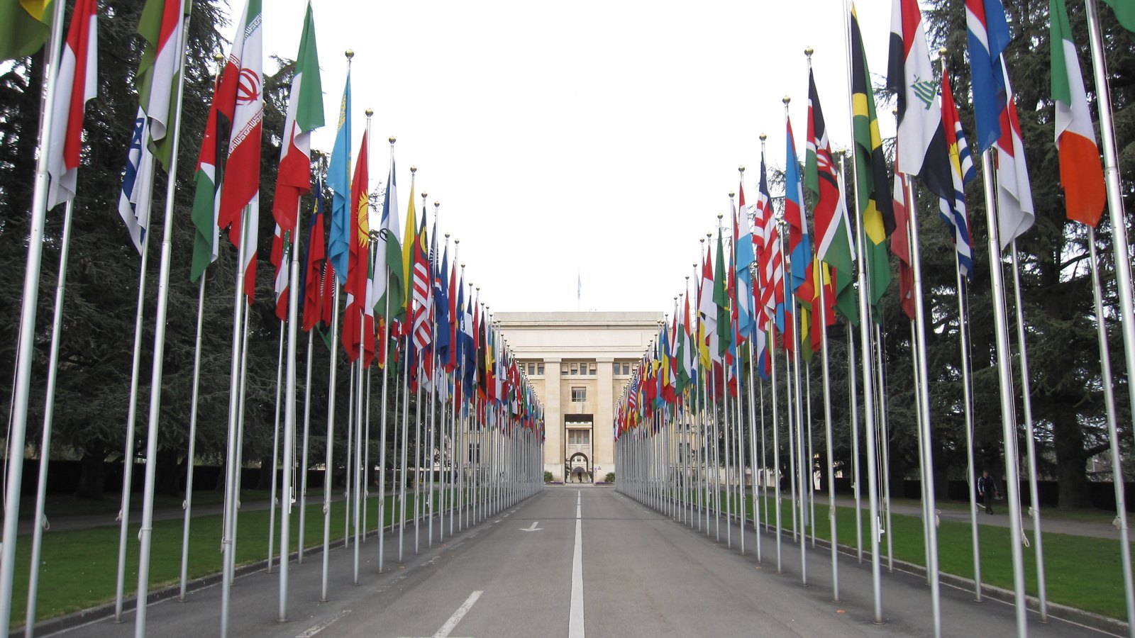 National flags line the entrance to the Palais des Nations in Geneva, where UNCTAD is based.