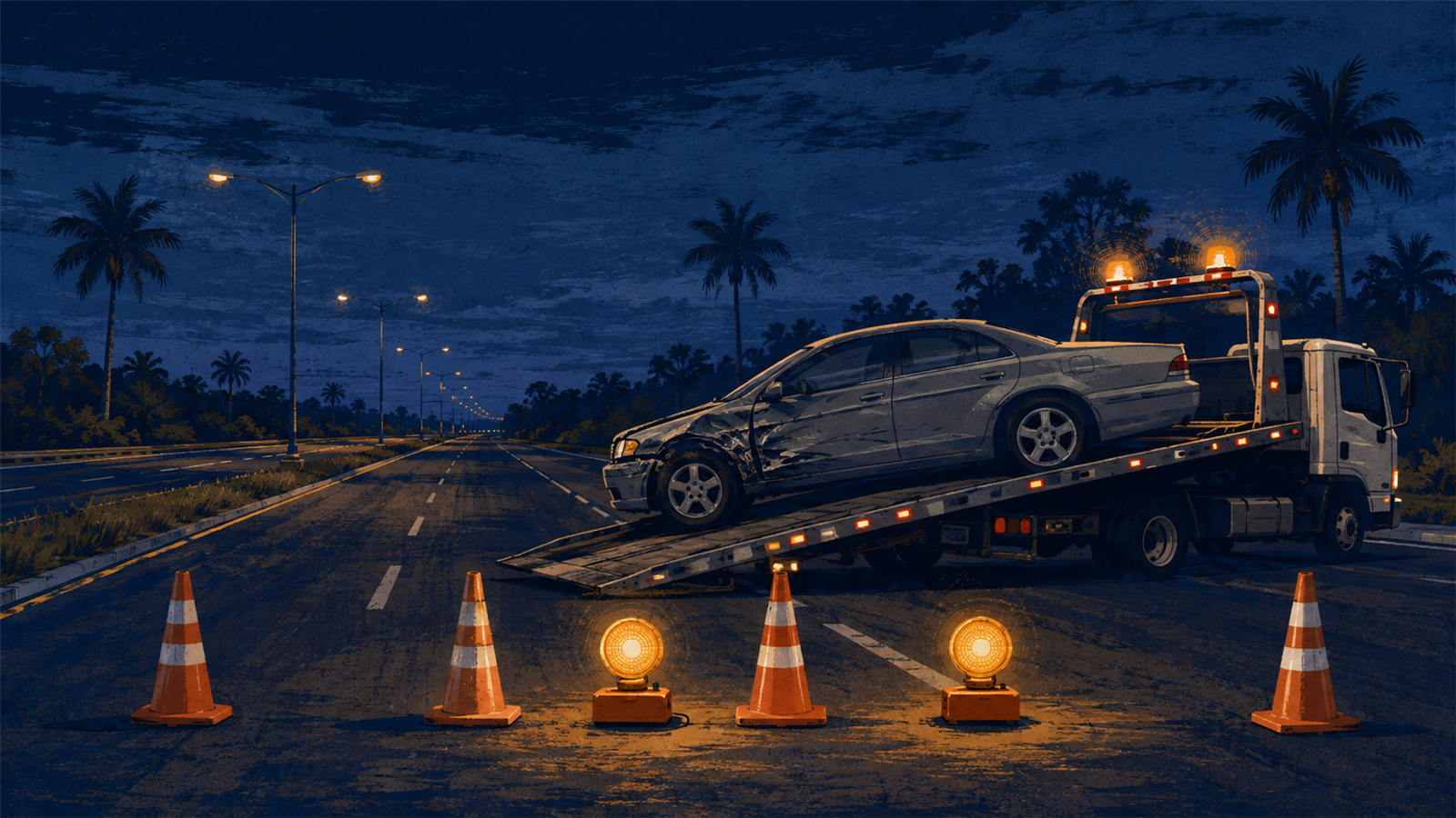 A house illustration of cones and amber warning lights closing a palm lined road beside a tow truck and damaged car, not a photograph of this event.