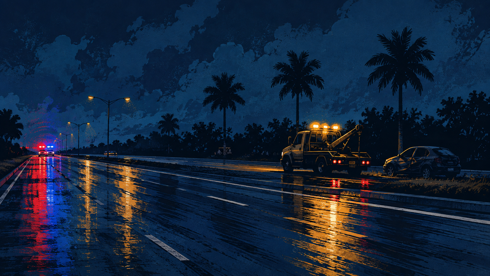 A screen-printed illustration of a tow truck and damaged car beside a palm lined road with emergency lights reflected on wet pavement, not a photograph of this event.