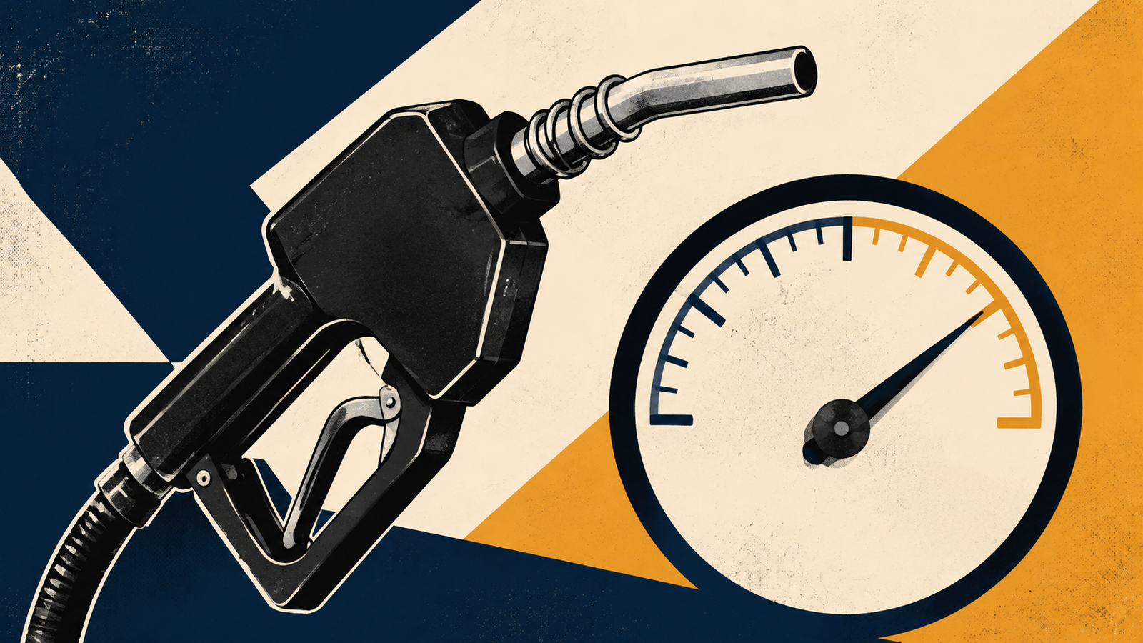 A house illustration of a black fuel nozzle beside a gauge whose needle points toward the high end.
