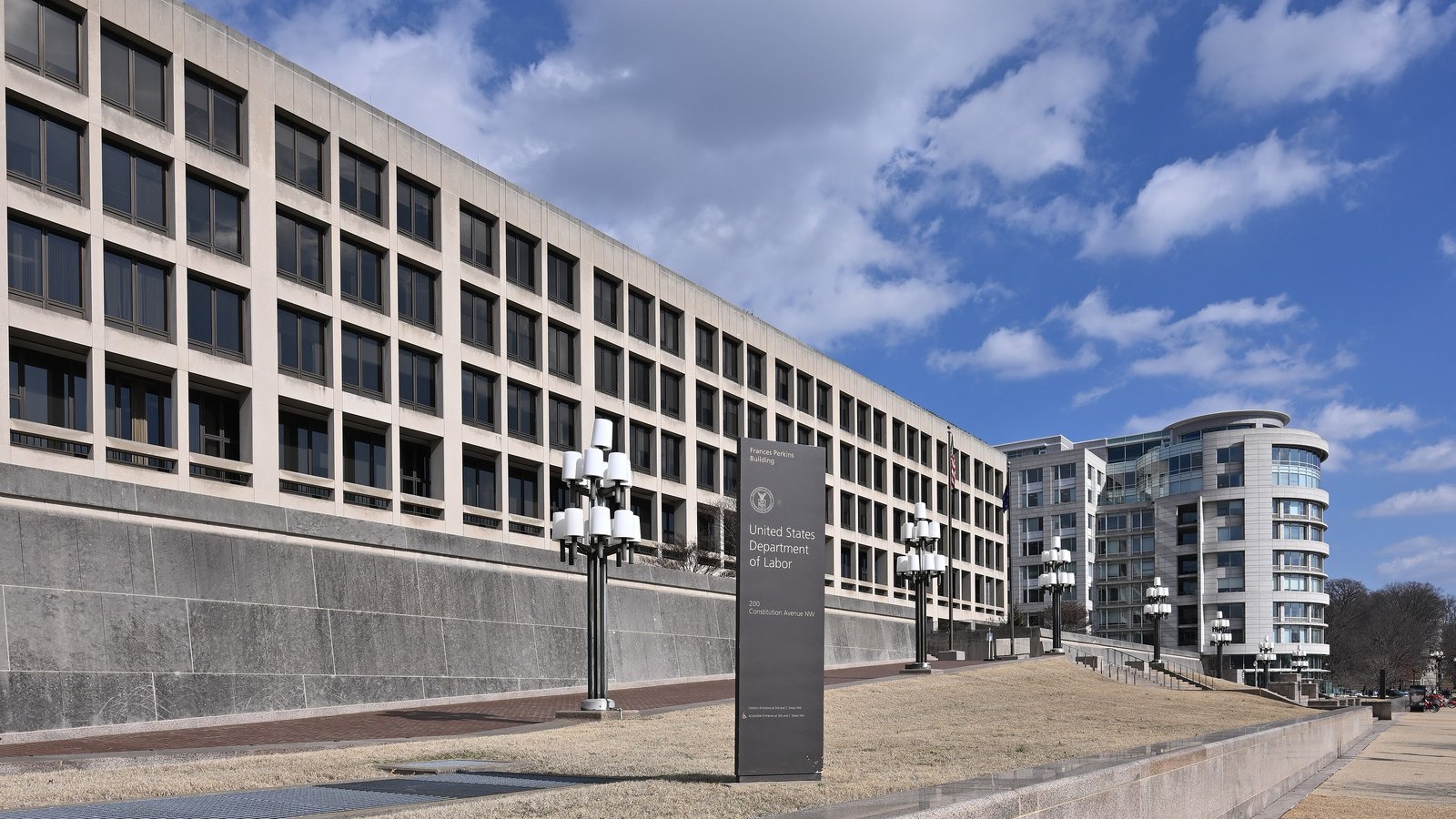 The US Department of Labor sign stands outside its Washington headquarters.