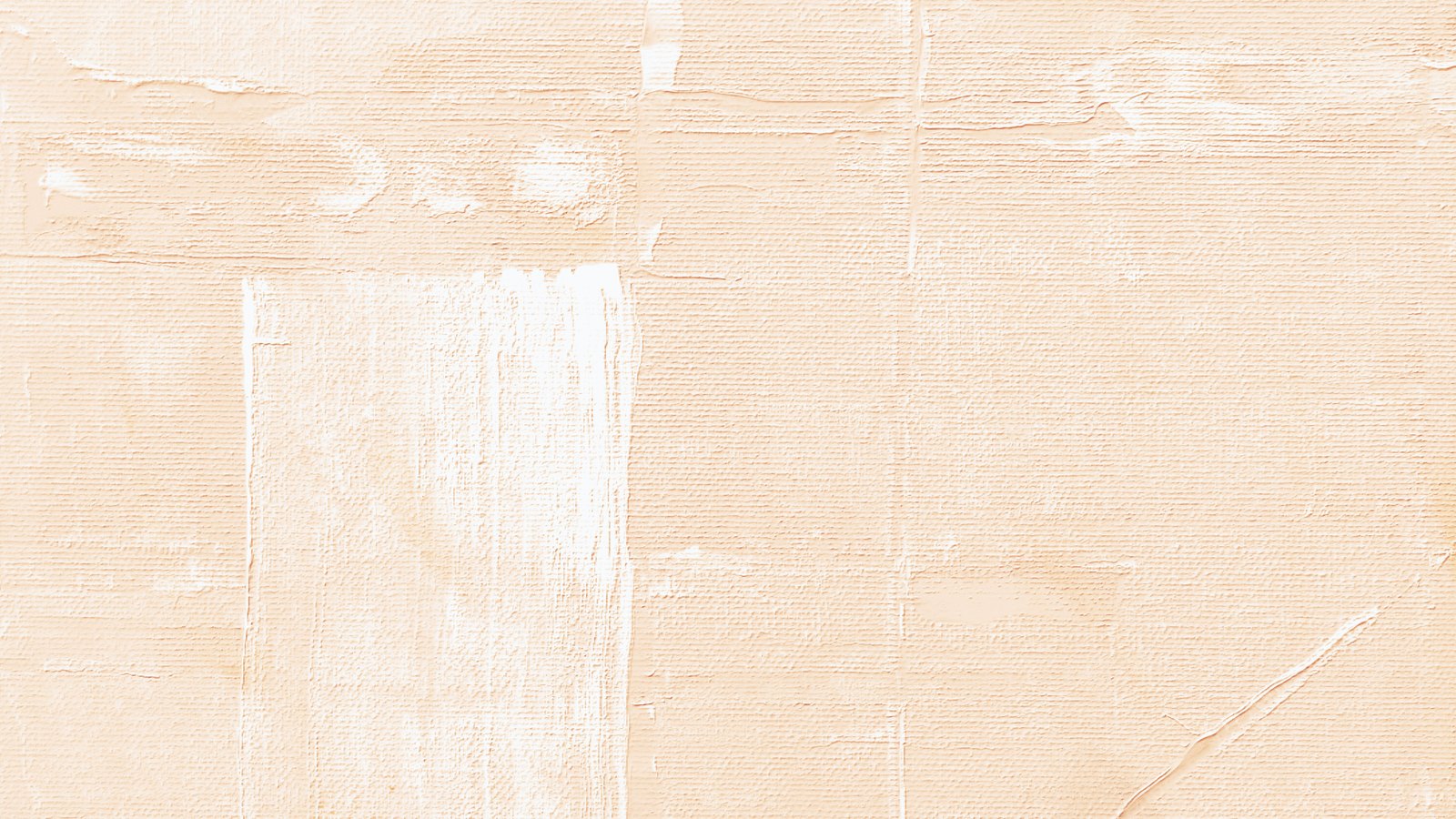 A primed artist canvas photographed square on and filling the frame. The woven weave of the cloth shows through a pale peach ground, with a broad band of white brush strokes running vertically down the left of the picture and ridges of dried paint catching the light. No lettering or markings are visible.