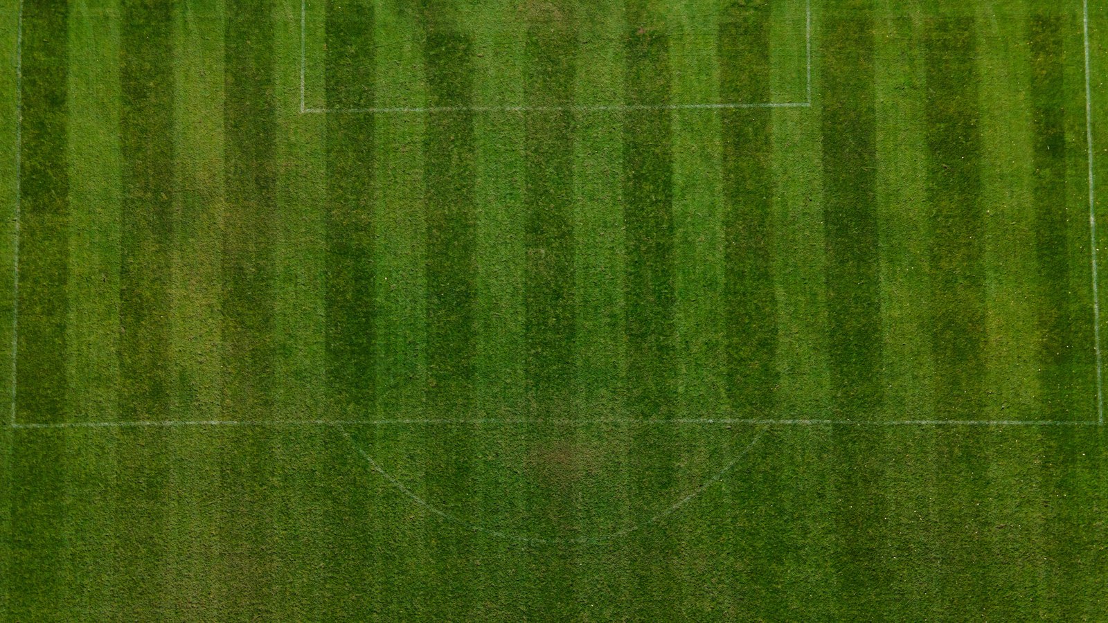 An overhead view of closely mown grass filling the whole frame, cut in broad alternating light and dark vertical stripes left by a mower. Faint white painted lines cross the turf in a rectangle and an arc. No machine, person, building, badge or writing is in the picture.