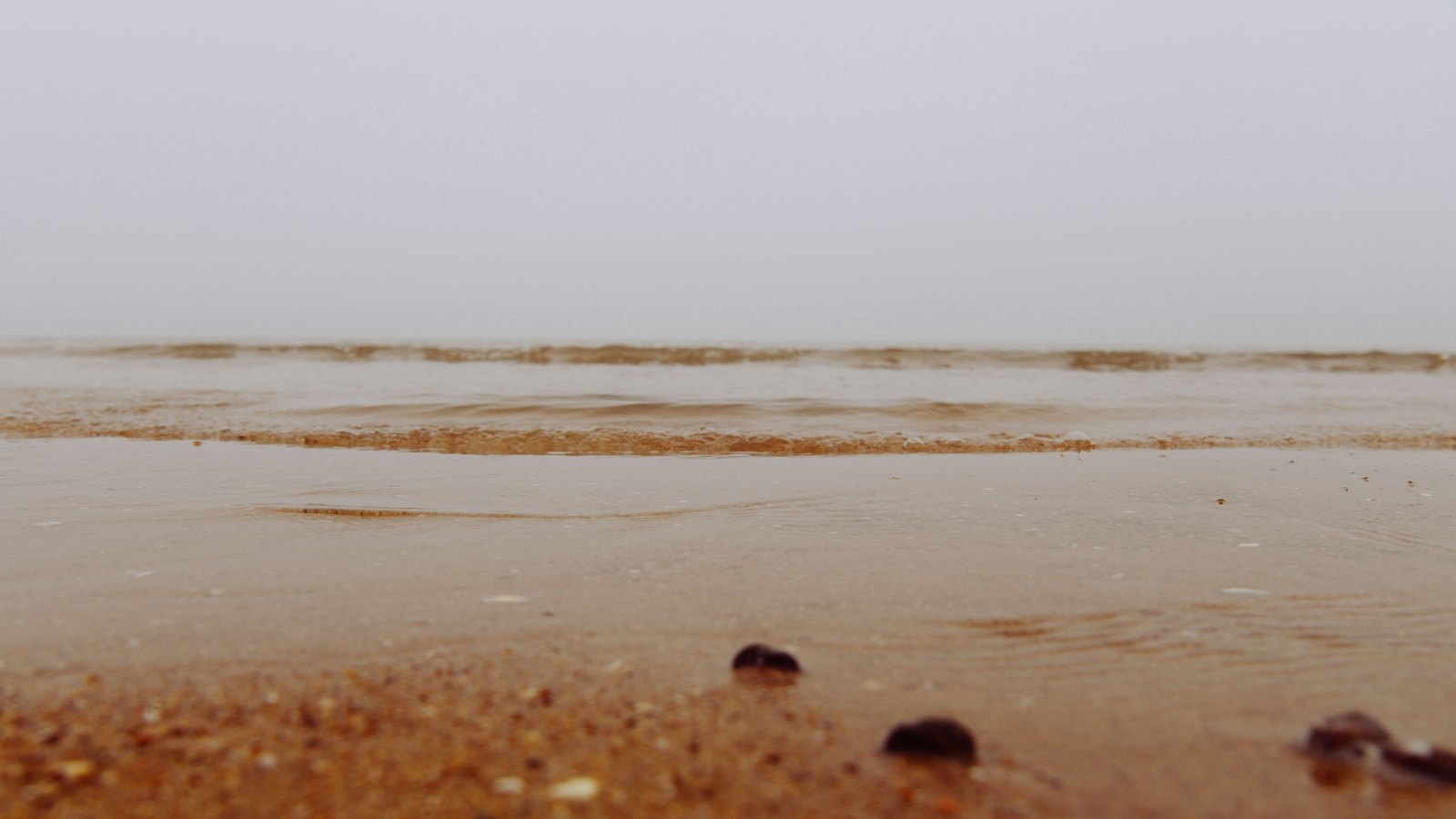 A low angle view along a shoreline, with a thin shallow wash of sandy brown water running up over wet sand under a flat overcast sky, and a few small dark pebbles in the foreground. No people, signage, text or identifiable place is visible. A neutral illustration of a waterline, not a photograph of any beach where a case has been reported.
