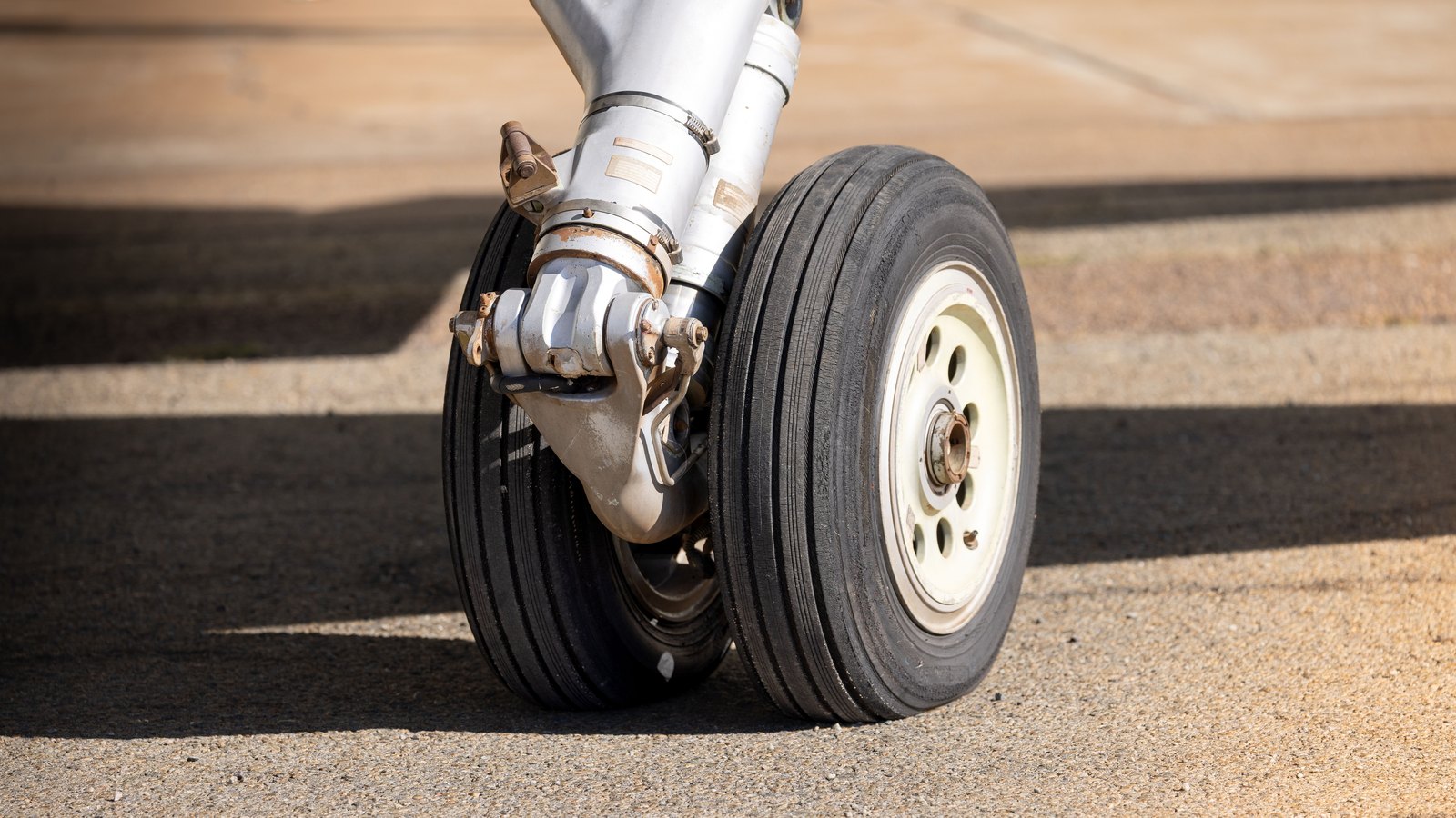 The twin wheels of an aircraft nose landing gear standing on a sunlit concrete apron, the polished strut above them carrying three small faded placards with nothing readable on them.