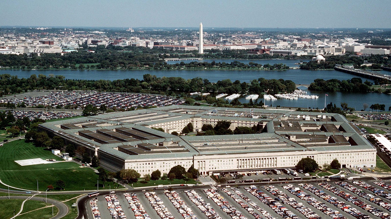 An aerial view shows the Pentagon with Washington across the Potomac River