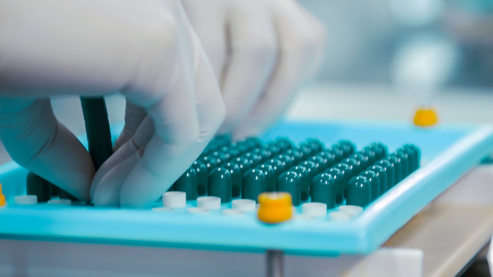 A gloved laboratory worker fills a tray with green capsules.