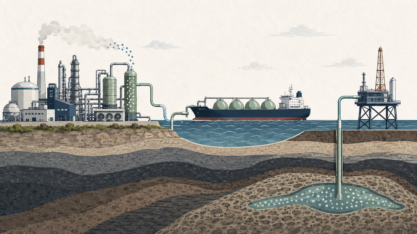 An editorial illustration shows carbon capture at an industrial plant, shipment by sea and injection into geological storage beneath the seabed.