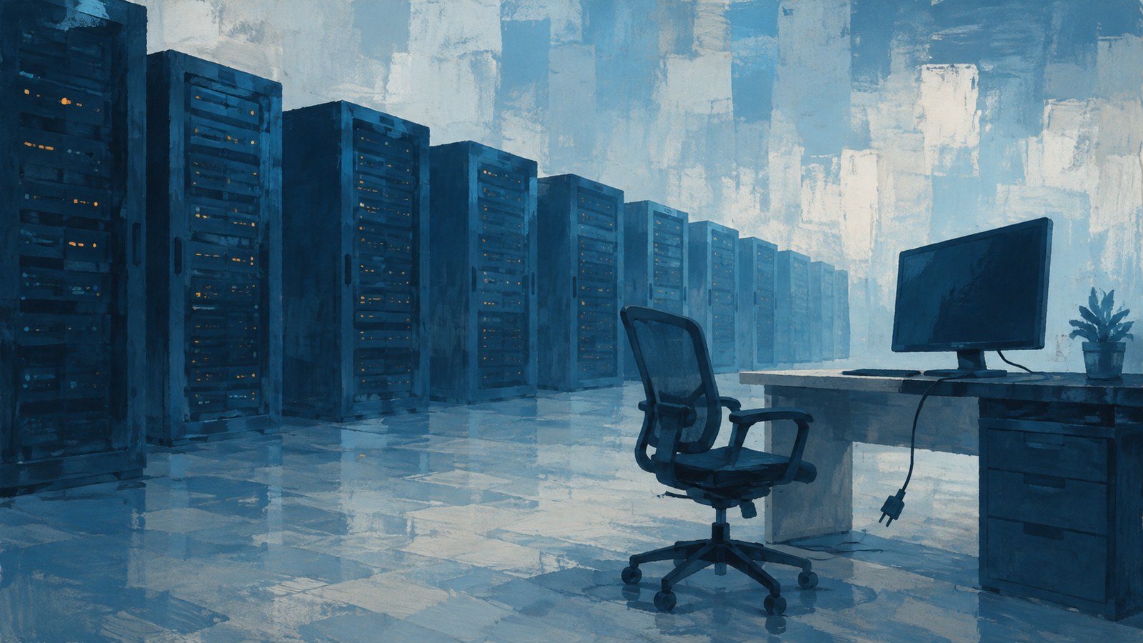 A house illustration of blue server racks beside an empty office chair and an unplugged workstation.