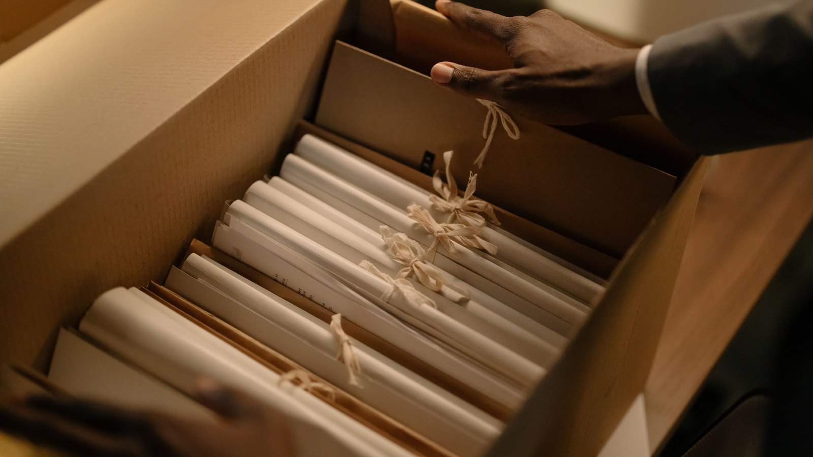 Hands lifting the lid of a cardboard archive box packed with bundles of paper tied in cloth ribbon.