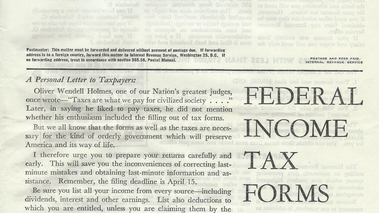 The cover page of the 1961 federal income tax forms mailer, headed FEDERAL INCOME TAX FORMS, carrying a printed letter to taxpayers from the Commissioner of Internal Revenue that opens with a quotation from Oliver Wendell Holmes.